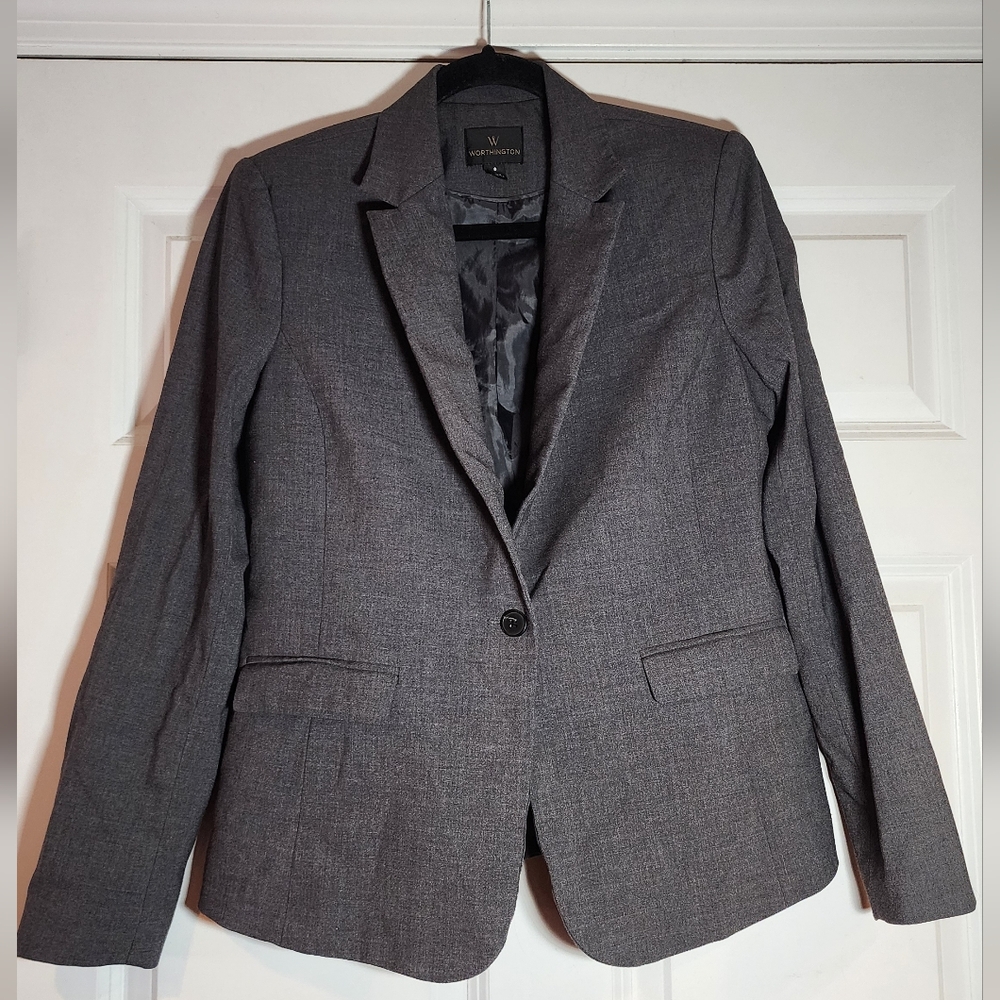 Worthington Gray Lined Blazer Jacket With Shoulder Pads Size 8